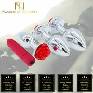 Red Rose Anal Flower Stainless Steel Metal Butt Plug Three Sizes Mini Bullet Vibrator Set