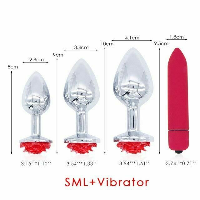 Red Rose Anal Flower Stainless Steel Metal Butt Plug Three Sizes Mini Bullet Vibrator Set