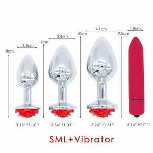 Red Rose Anal Flower Stainless Steel Metal Butt Plug Three Sizes Mini Bullet Vibrator Set