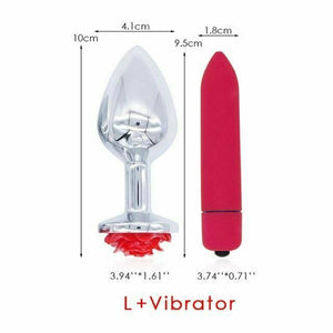 Red Rose Anal Flower Stainless Steel Metal Butt Plug Three Sizes Mini Bullet Vibrator Set