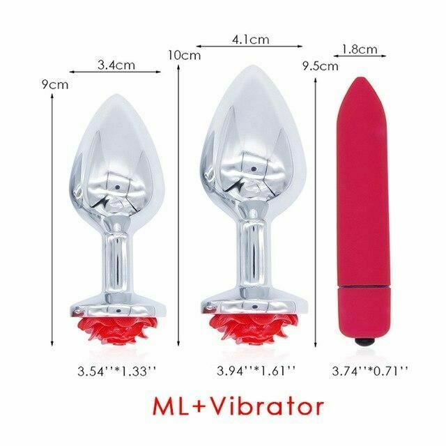 Red Rose Anal Flower Stainless Steel Metal Butt Plug Three Sizes Mini Bullet Vibrator Set