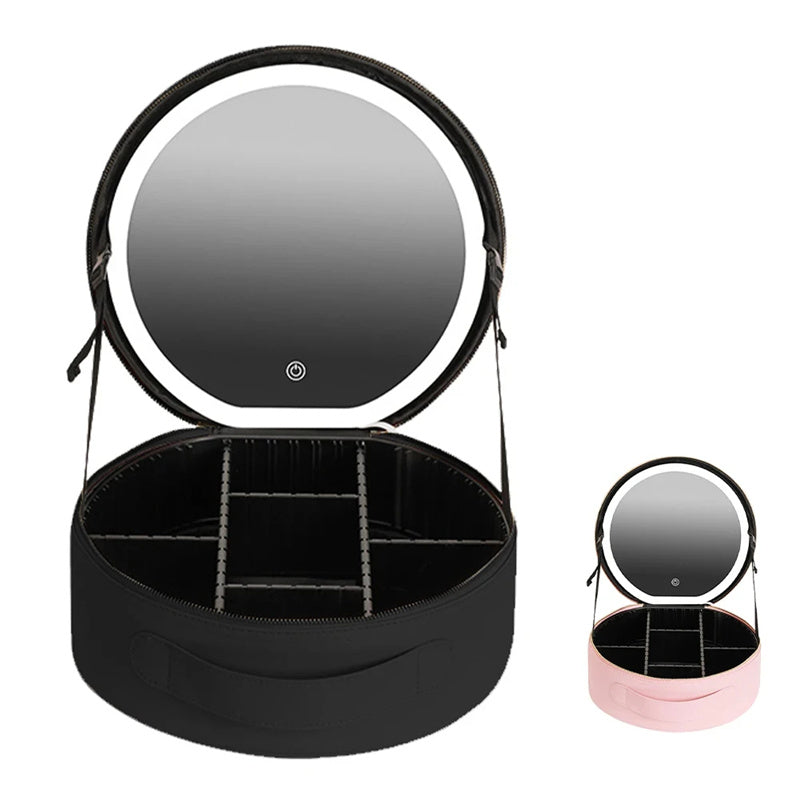 Round Smart Led Makeup Bag With Mirror Lights Large Capacity Pu Leather Cosmetic Case