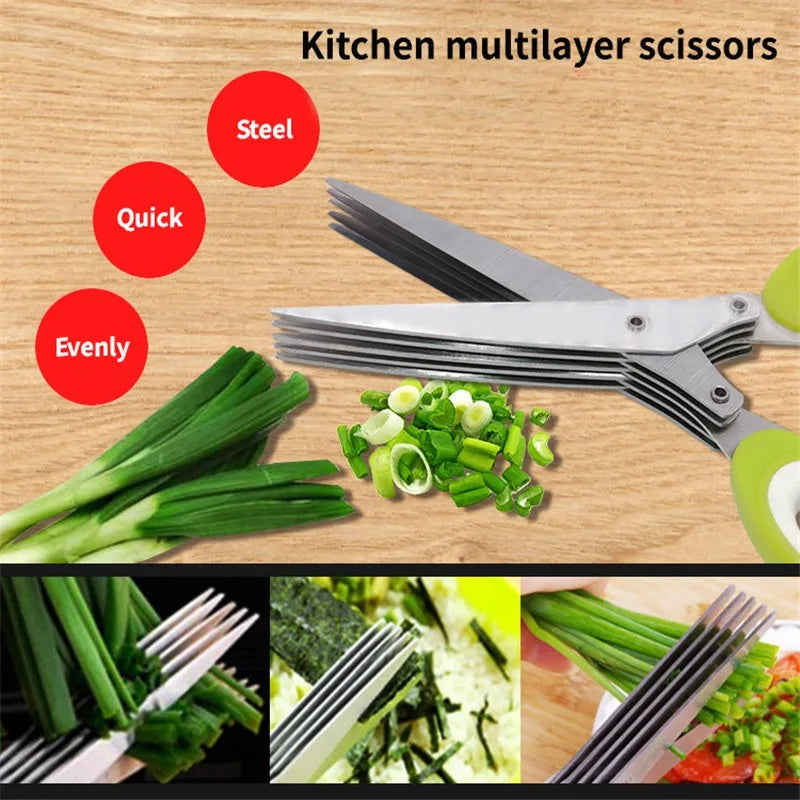 Multifunctional Layer Green Onion Scissors Stainless Steel Kitchen Gadgets