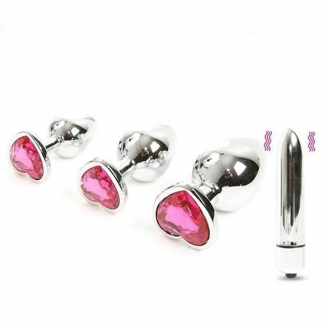 House Of Dasein Pink Heart Crystal Jewel Metal Butt Plug Three Size Mini Bullet Vibrator Anal Training