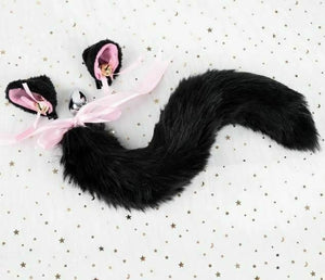 Black White Cute Kitten Ears Faux Fox Tail Ana Butt Plug Cosplay Bdsm