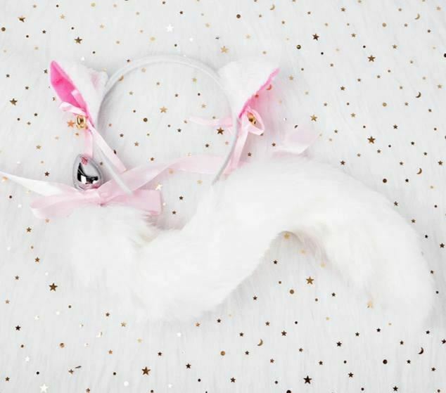 Black White Cute Kitten Ears Faux Fox Tail Ana Butt Plug Cosplay Bdsm