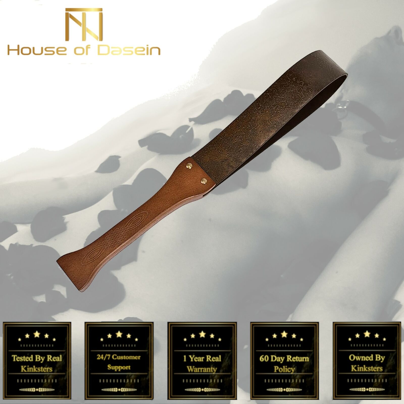 House Of Dasein Vintage Bronze Leather Spanking Paddle Real Wooden Handle Impact Toy