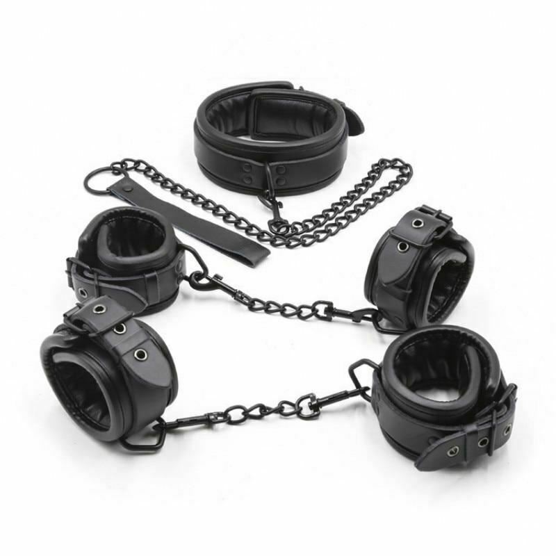 House Of Dasein Black Leather Handcuffs Ankle Wrist Cuffs Collar Leash Bdsm Bondage Restraints Kit