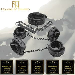 House Of Dasein Black Leather Handcuffs Ankle Wrist Cuffs Collar Leash Bdsm Bondage Restraints Kit