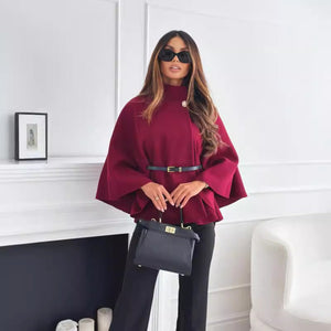 Stand Collar Batwing Sleeves Cloak Top With Belt Woolen Sweater Outwear For Women