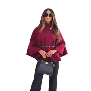 Stand Collar Batwing Sleeves Cloak Top With Belt Woolen Sweater Outwear For Women