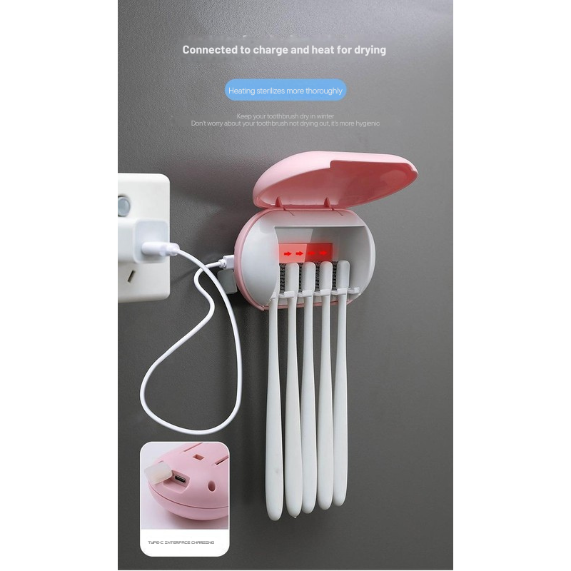 Pink Wall Mounted Toothbrush Sterilizer With Uv C Disinfection And Drying Usb Rechargeable Family 5 Brush Holder Abs Mat