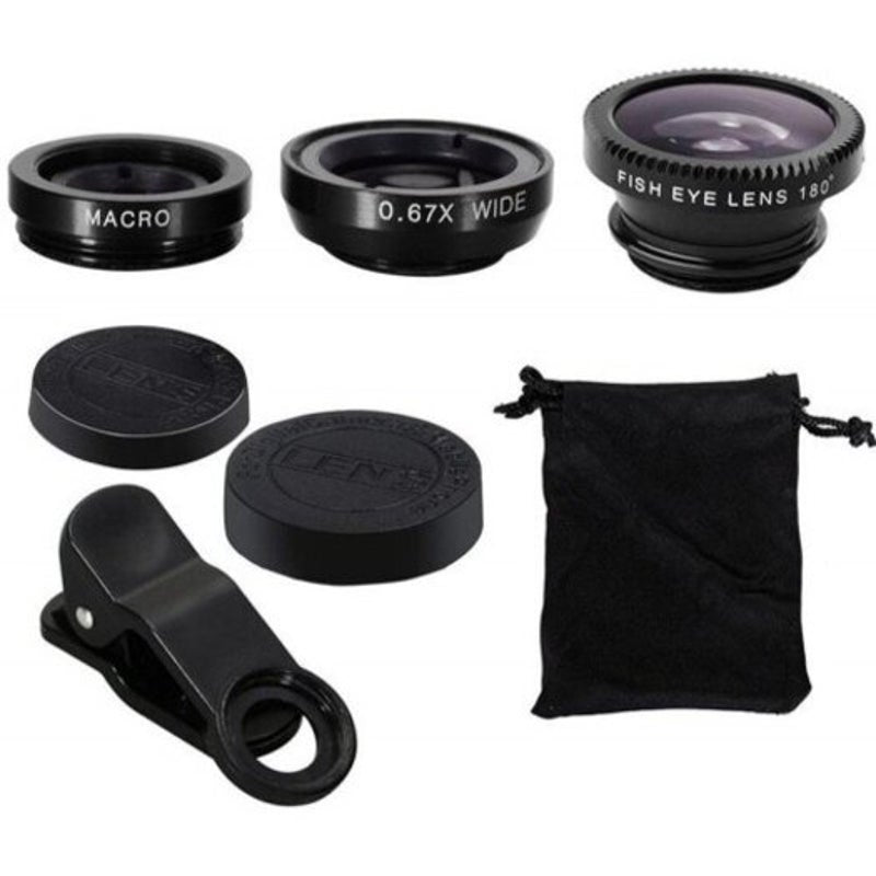 3 In1 Fish Eye Wide Angle Macro Camera Clip On Lens For Universal Cell Phone Black