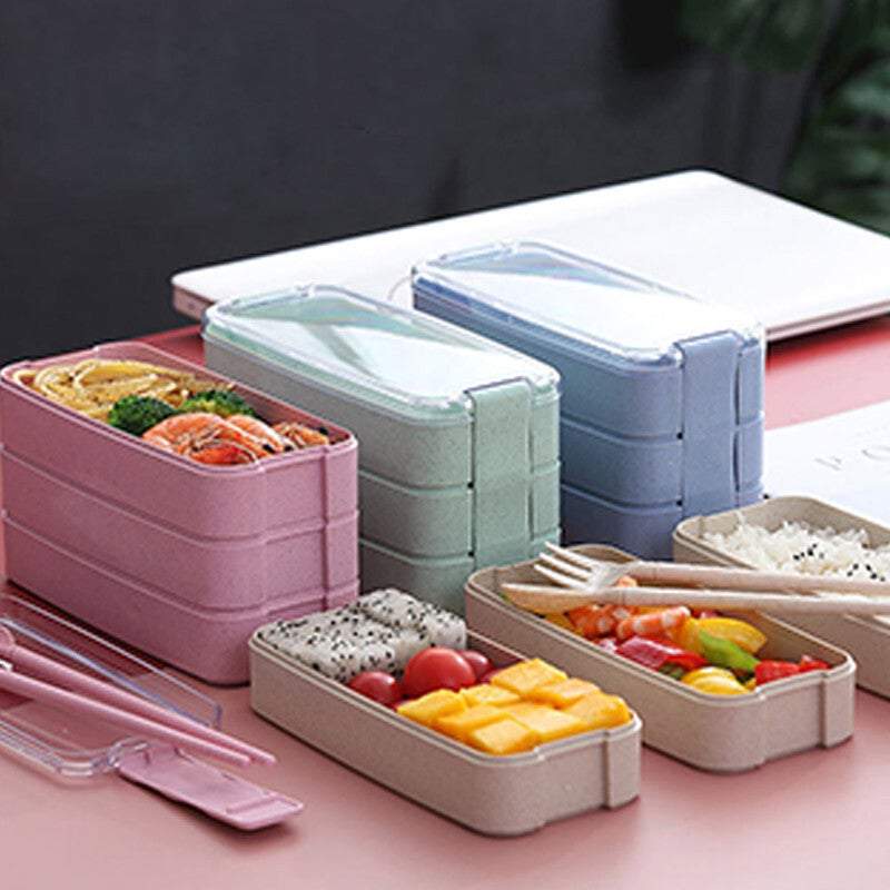 Lunch Boxes Bags 3 Layer Bento Food Containers With Fork Spoons Chopsticks