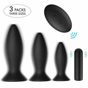 Black Silicone Butt Plug Set Wireless Vibrator Anal Training Bdsm
