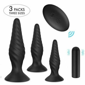 Black Silicone Butt Plug Set Wireless Vibrator Anal Training Bdsm