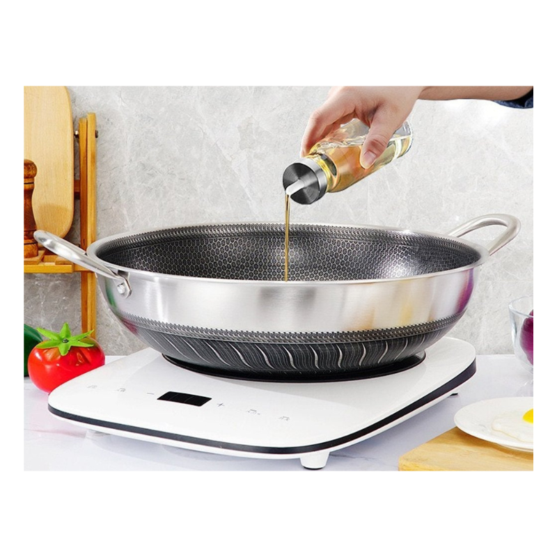 304 Stainless Steel 34Cm Double Ear Non Stick Stir Fry Cooking Kitchen Wok Pan Without Lid Honeycomb Sided