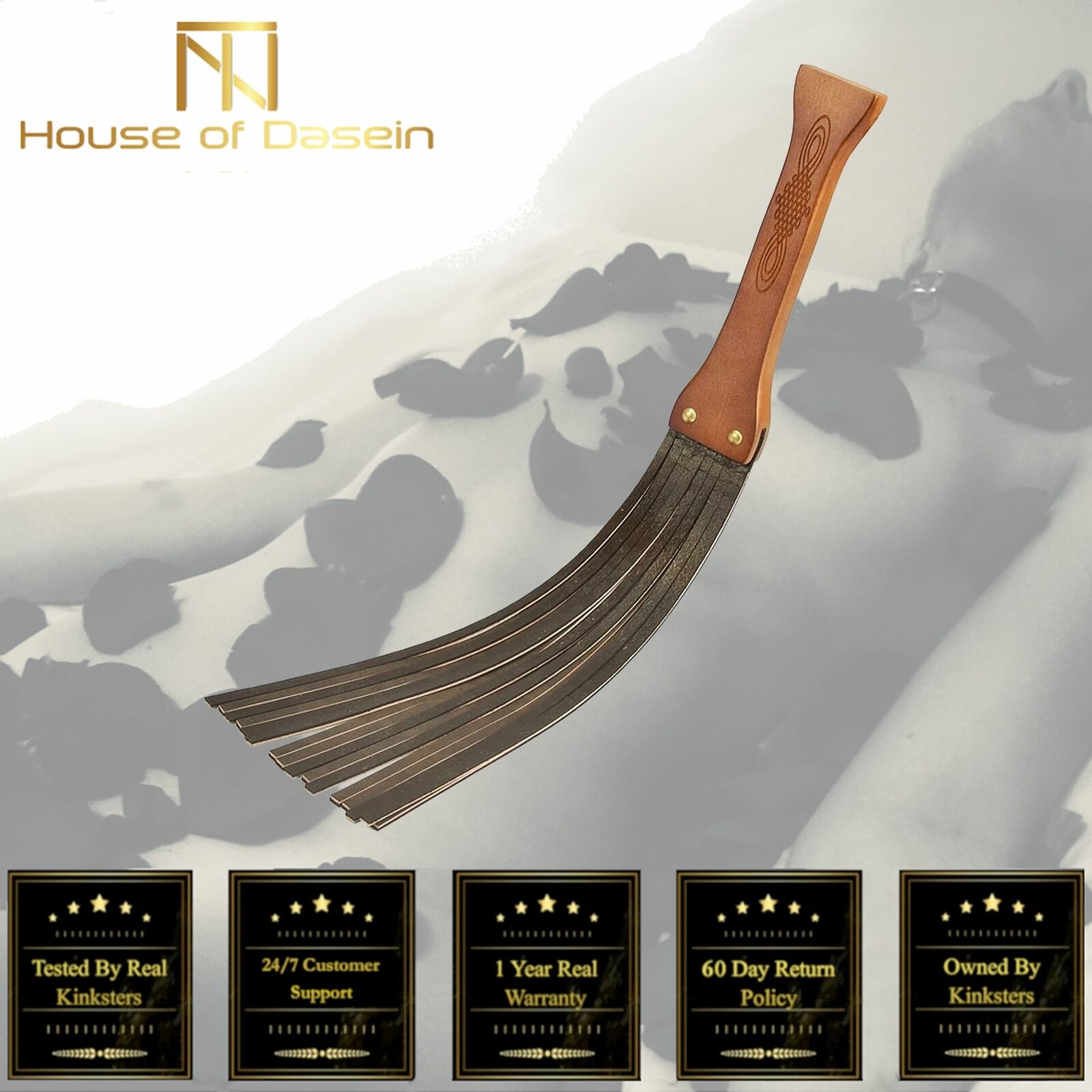 House Of Dasein Genuine Leather Spanking Flogger Bdsm Strip Paddle Wooden Handle