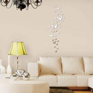 30Pcs 3D Diy Mirror Butterflies Wall Stickers Silver