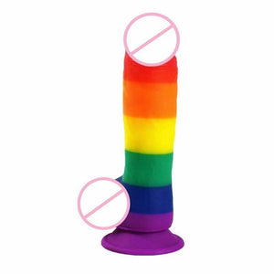 Rainbow Cock Balls Dildo Suction Cup Base Strap Dong