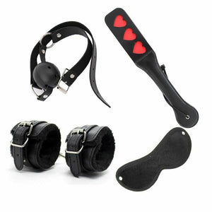 House Of Dasein 4 Pcs / Set Black Bdsm Beginners Starter Kit Heart Paddle Blindfold Cuffs Ball Gag