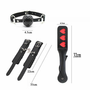 House Of Dasein 4 Pcs / Set Black Bdsm Beginners Starter Kit Heart Paddle Blindfold Cuffs Ball Gag