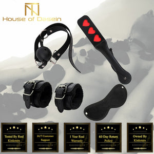 House Of Dasein 4 Pcs / Set Black Bdsm Beginners Starter Kit Heart Paddle Blindfold Cuffs Ball Gag