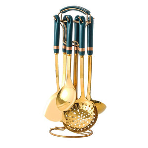 Golden Stainless Steel Kitchen Utensil Set With Colourful Ceramic Handles