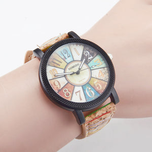 Casual Patchwork Vintage Leather Women Quartz Wrist Watch