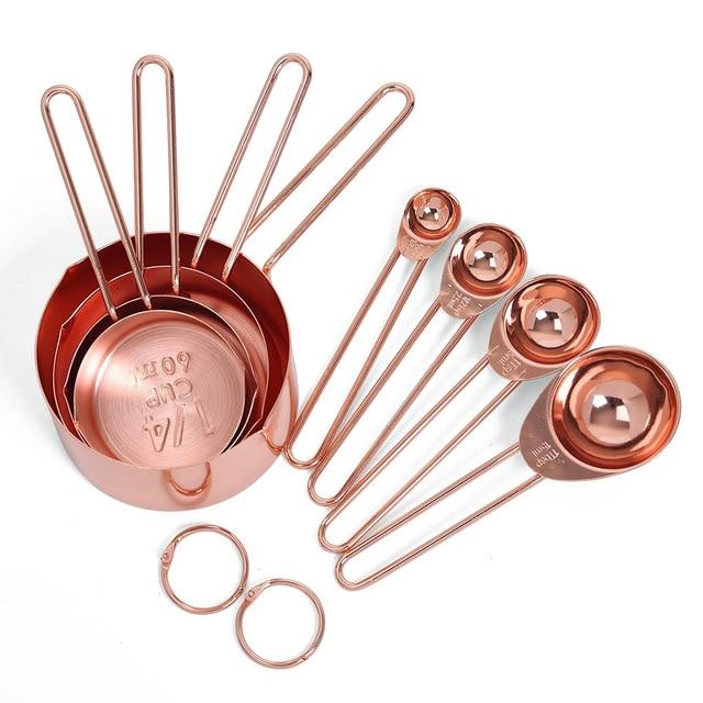 Set Of 8 Rose Gold Stainless Steel Measuring Cups And Spoons Baking Tools