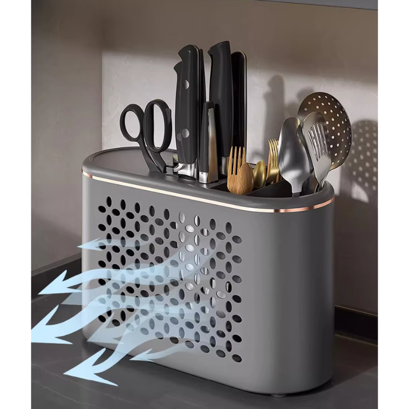 White All In One Kitchen Knife And Utensil Holder Multi Functional Organizer With Storage Drawers