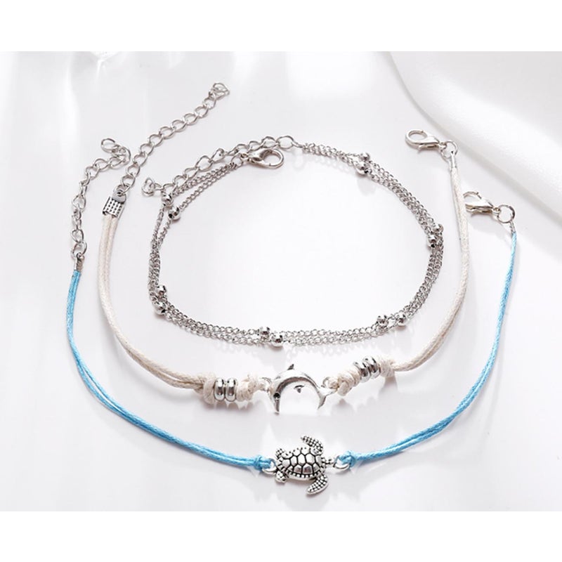 Veile Studios 3Pcs Retro Turtle Dolphin Braided Push Pull Foot Chain Suit Boho Ankle Bracelet