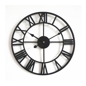 40Cm Large Metal Skeleton Roman Numeral Wall Clock Black Round Shape