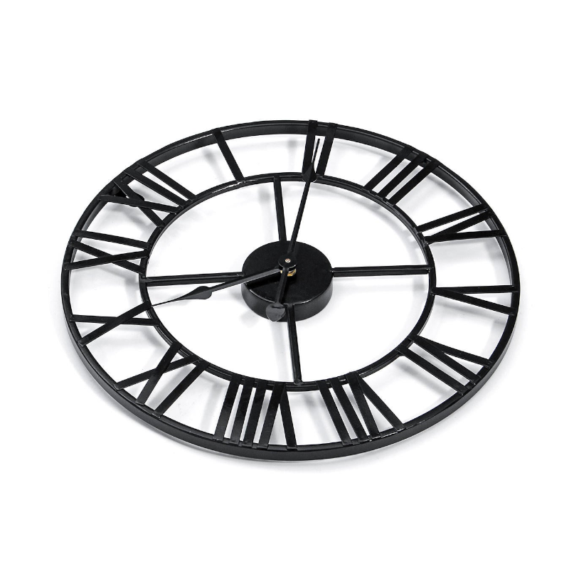 40Cm Large Metal Skeleton Roman Numeral Wall Clock Black Round Shape