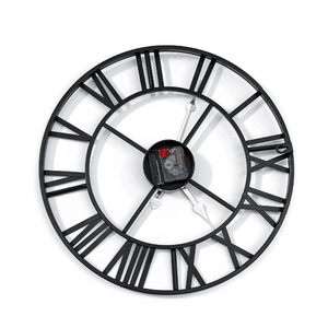 40Cm Large Metal Skeleton Roman Numeral Wall Clock Black Round Shape