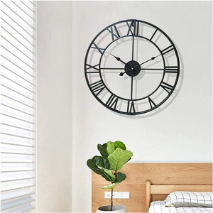 40Cm Large Metal Skeleton Roman Numeral Wall Clock Black Round Shape