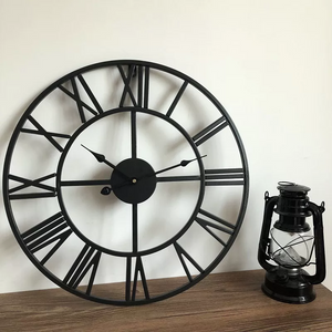 40Cm Large Metal Skeleton Roman Numeral Wall Clock Black Round Shape