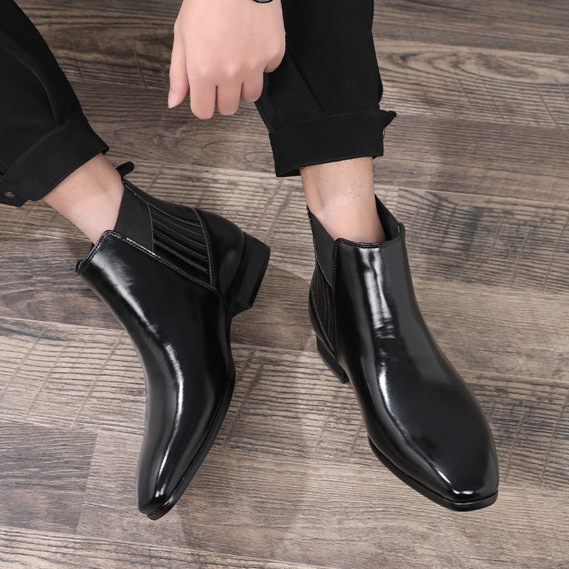 Checked Pointed Toe Chelsea Style Boots For Men Fashion British Square Heel Leather Shoes