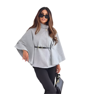 Stand Collar Batwing Sleeves Cloak Top With Belt Woolen Sweater Outwear For Women