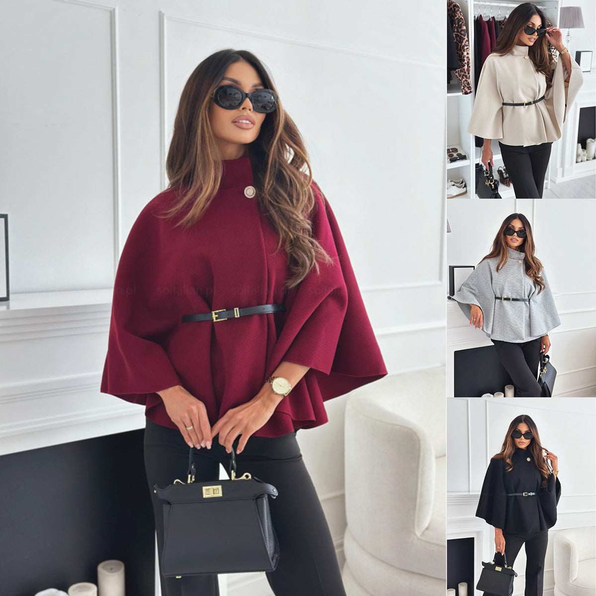 Stand Collar Batwing Sleeves Cloak Top With Belt Woolen Sweater Outwear For Women