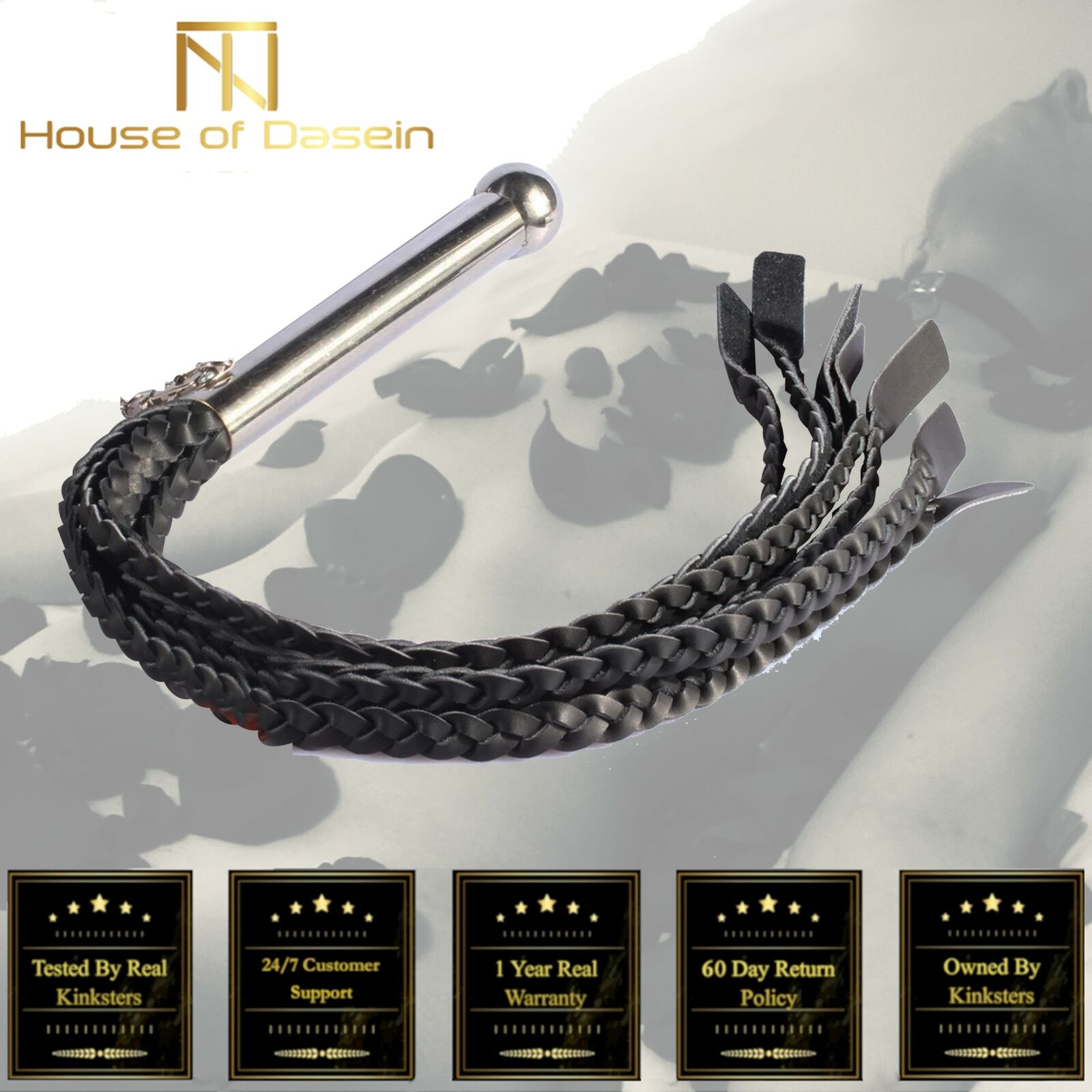 Braided Leather Flogger Metal Handle Impact Play Spanking Whip Bdsm