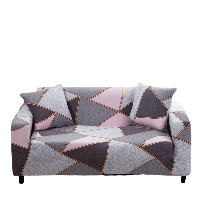 4 Seater Sofa Cover Gray Pink Geometric Style Elastic Stretchable Slipcover