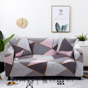 4 Seater Sofa Cover Gray Pink Geometric Style Elastic Stretchable Slipcover