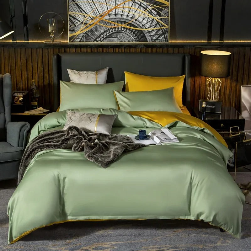 Bed Sheet Green Yellow Ultra Soft Egyptian Cotton Cover Full Size Set