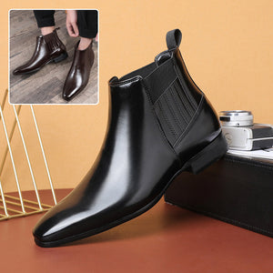 Checked Pointed Toe Chelsea Style Boots For Men Fashion British Square Heel Leather Shoes