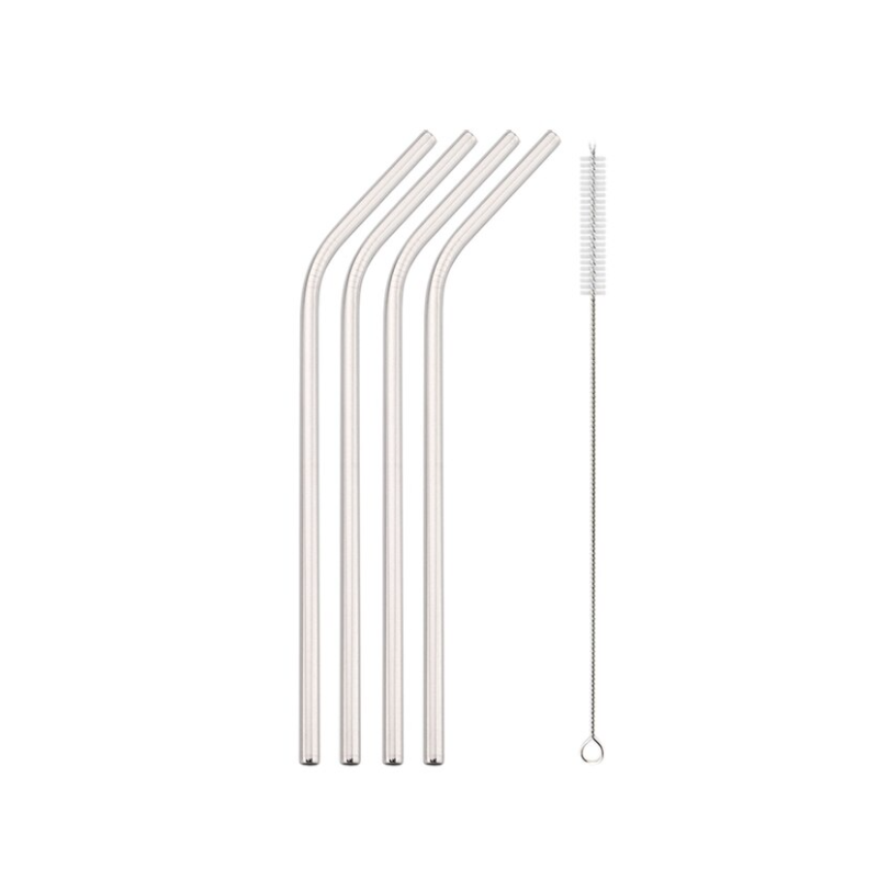 304 Stainless Steel Colorful Curved Straw 4Pcs With Brush Silver