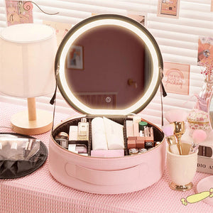 Round Smart Led Makeup Bag With Mirror Lights Large Capacity Pu Leather Cosmetic Case