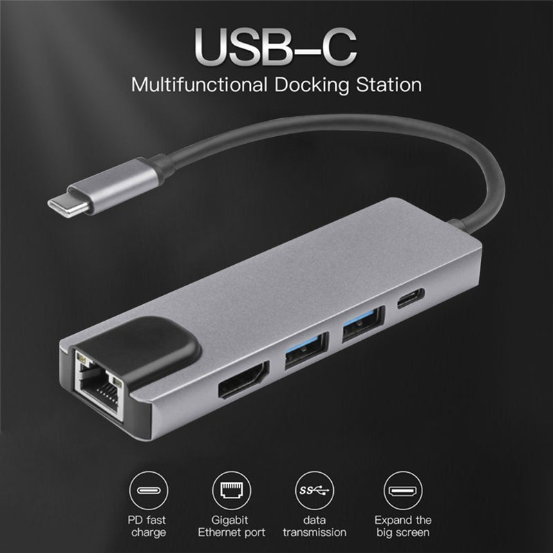 4K Hdmi Usb Type-C 5Ports Hub Ethernet Rj45 Lan Adapter For Macbook Thunderbolt 3