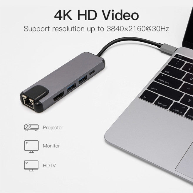 4K Hdmi Usb Type-C 5Ports Hub Ethernet Rj45 Lan Adapter For Macbook Thunderbolt 3