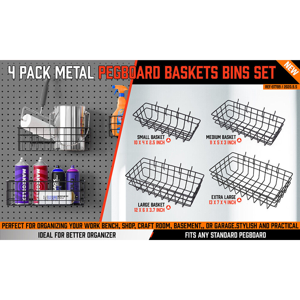 4Pc Pegboard Baskets Set Storage Bins Board Organizer Size Display Hangers